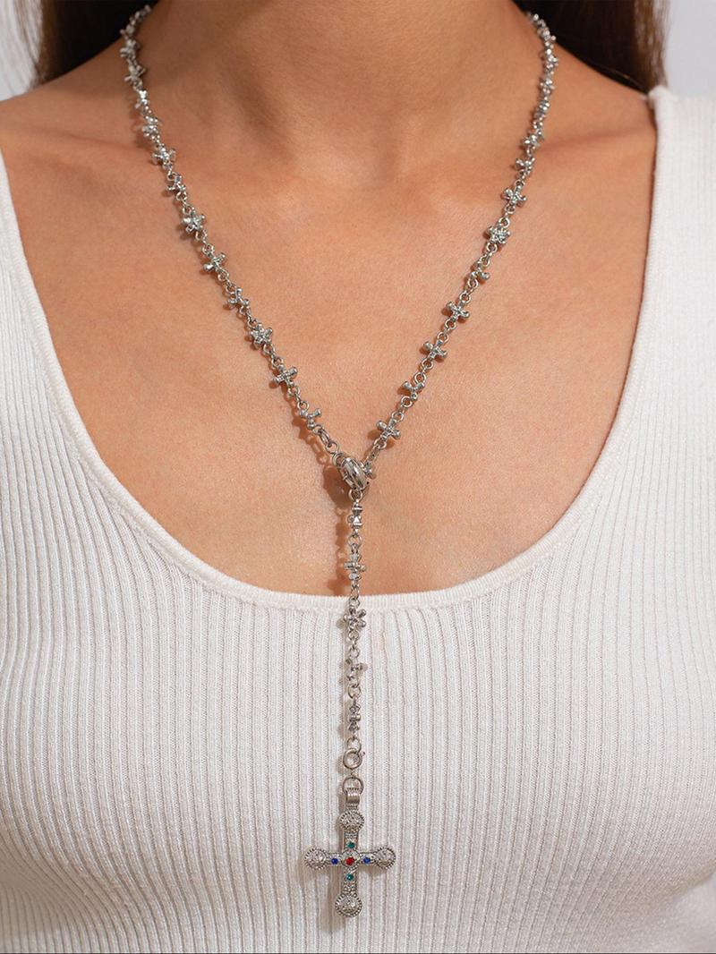 Product Introduction of Punk Style Rhinestone Decorated Cross Pendant Necklace, Fashion Jewelry for Party, Daily Clothing Decor, Trendy All-match & Exquisite Jewelry for Birthday Gift 3