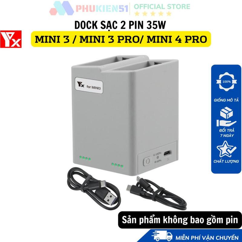 Hub sạc YX 2 khe pin DJI Mini 3 / Mini 3 pro/ Mini 4 Pro tối đa 35 W 2 chiều