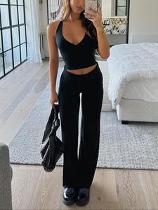 Women's Solid Color Crop Top & Pants Two-Piece Set, Casual Fashion Cozy Breathable Two Piece Outfits for Daily Outdoor Wear, Ladies Clothes for Summer