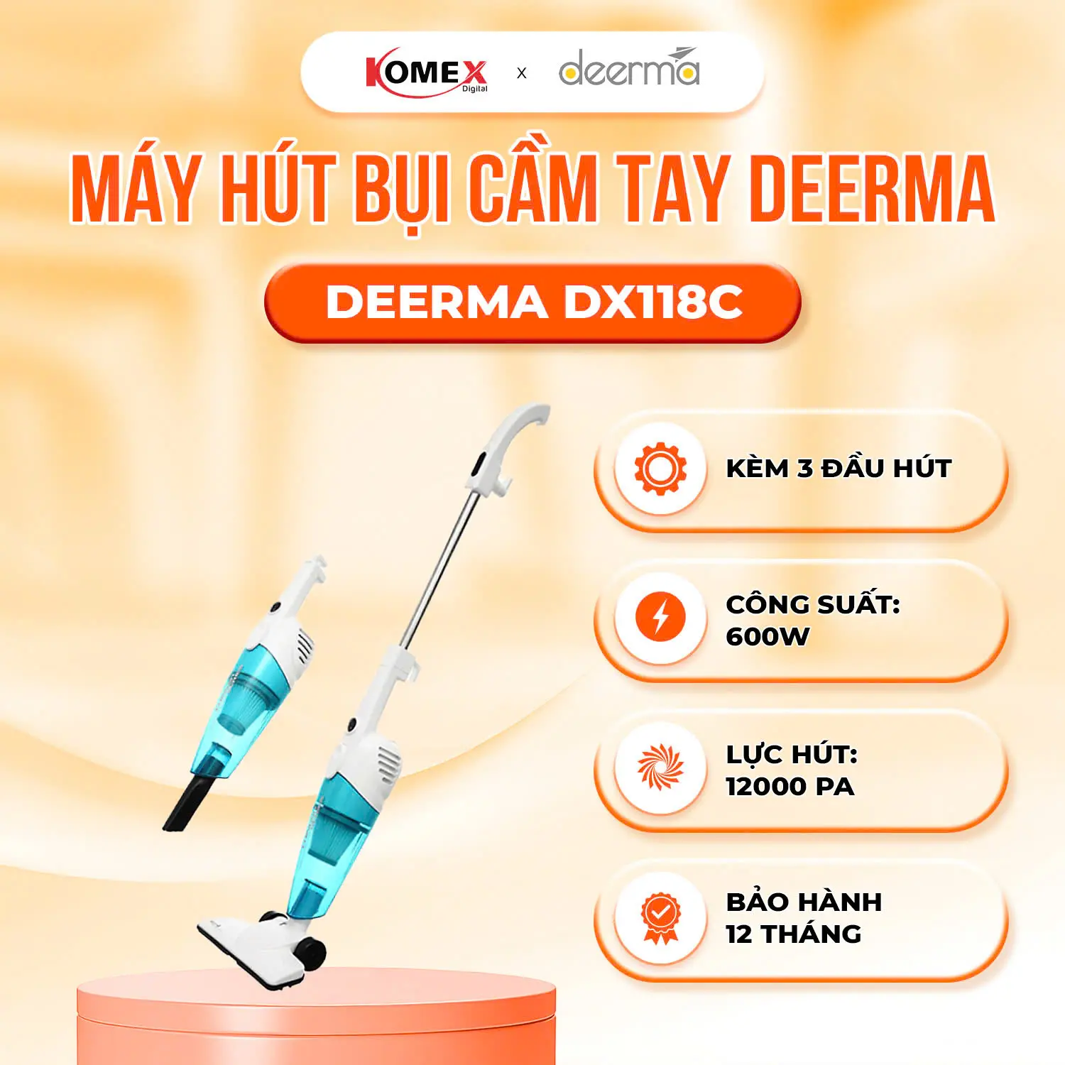 Máy Hút Bụi  Deerma DX118C, DX115C Công Suất 600W Lực Hút 15Kpa - 3 Đầu Hút Làm Sạch,Bảo Hành 12 Tháng