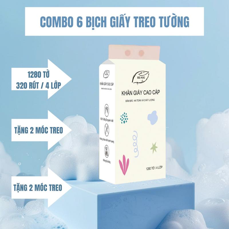 [  Tặng 2 móc treo] . Combo 6 bịch ( 1 thùng )giấy  Khăn giấy rút  Big Hug treo tường  1280 tờ, dập vân 4D, siêu dai và mềm mịn Giấy Vệ Sinh