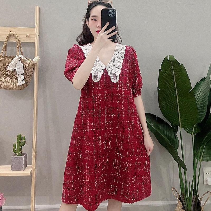 Váy Dạ Đỏ Cổ Trắng Mặc Bầu & Sau Sinh Đầm Bầu Váy Bầu Ren