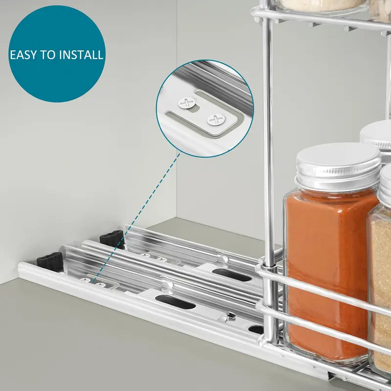 2-tier Pull-out Spice Rack, 1 Count Durable Iron Under Cabinet Storage Rack, Space-saving Kitchen Organization Rack for Home Dormitory Dining Room 2