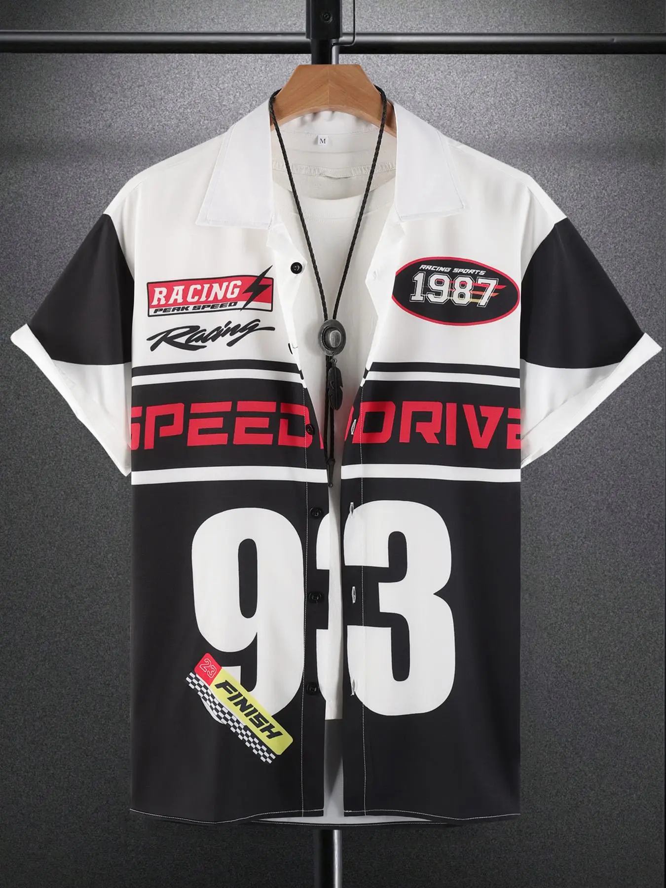 Men's Regular Fit Colorblock & Number Print Short Sleeve Shirt, Casual Racing Print Open Front Top for Spring & Fall, Fashion Men's Clothes for Daily Wear