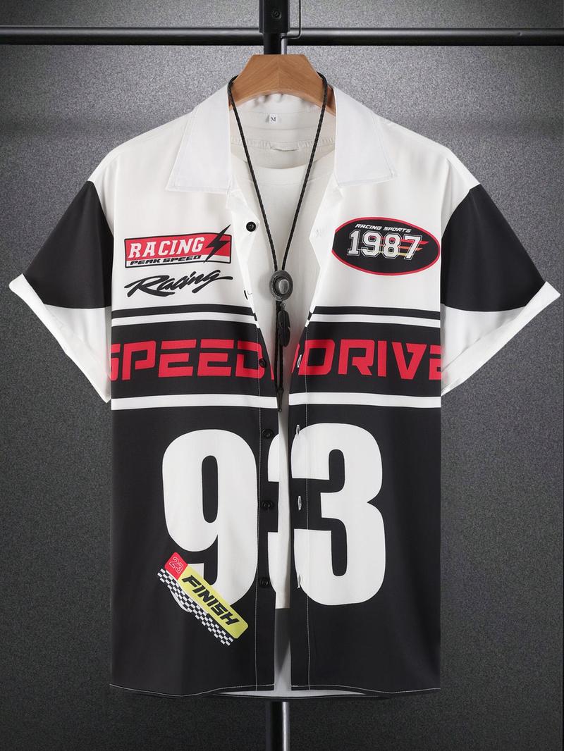 Product Introduction of Men's Regular Fit Colorblock & Number Print Short Sleeve Shirt, Casual Racing Print Open Front Top for Spring & Fall, Fashion Men's Clothes for Daily Wear 1