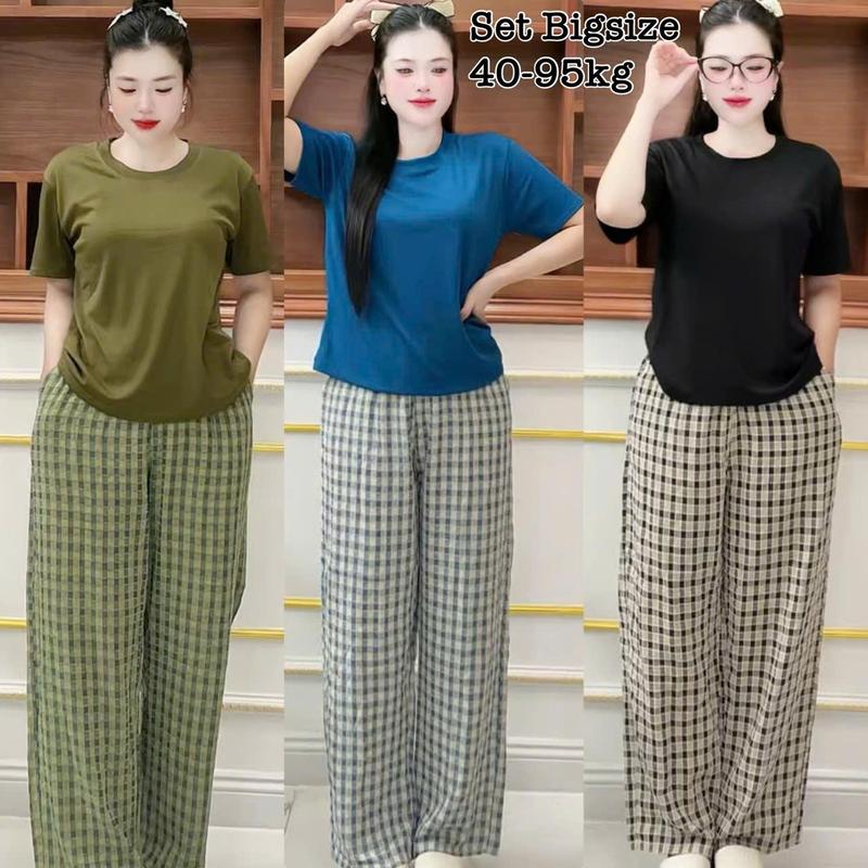 Set Bộ Dài Bigsize Nữ Áo Thun Cổ Tròn Mix Quần Dài Form Rộng Vải Caro Nhung Mịn Mát Dễ Thương Bigsize 40-110kg - 2501
