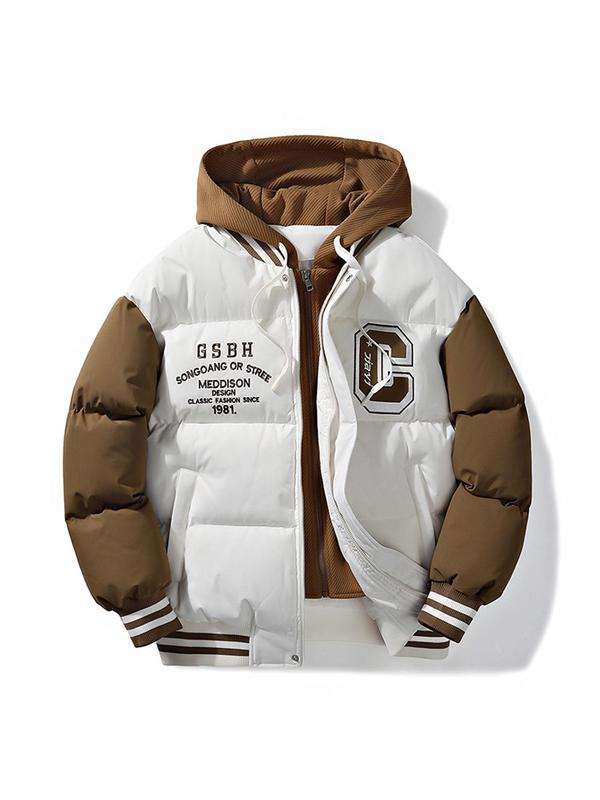Men's Colorblock Letter Embroidery 2 in 1 Zip Up Hooded Jacket, Regular Fit Casual Pocket Drawstring Long Sleeve Outerwear for Fall & Winter, Men's Clothes for Daily Wear 7