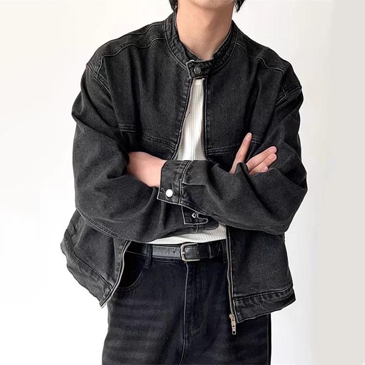 Áo Khoác Jeans Nam Cổ Trụ Khoá Zip ATINO 2.8912 Menswear Dài Tay Jacket Blazer Navy Bi áo khoác