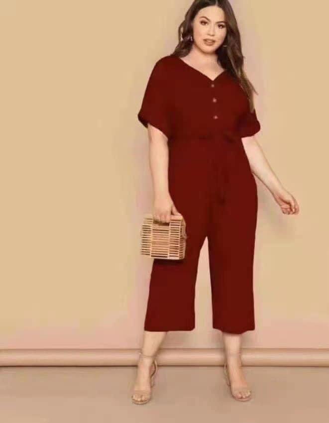 Product Introduction of plus botton front v neck short sleeve belted jumpsuit 3
