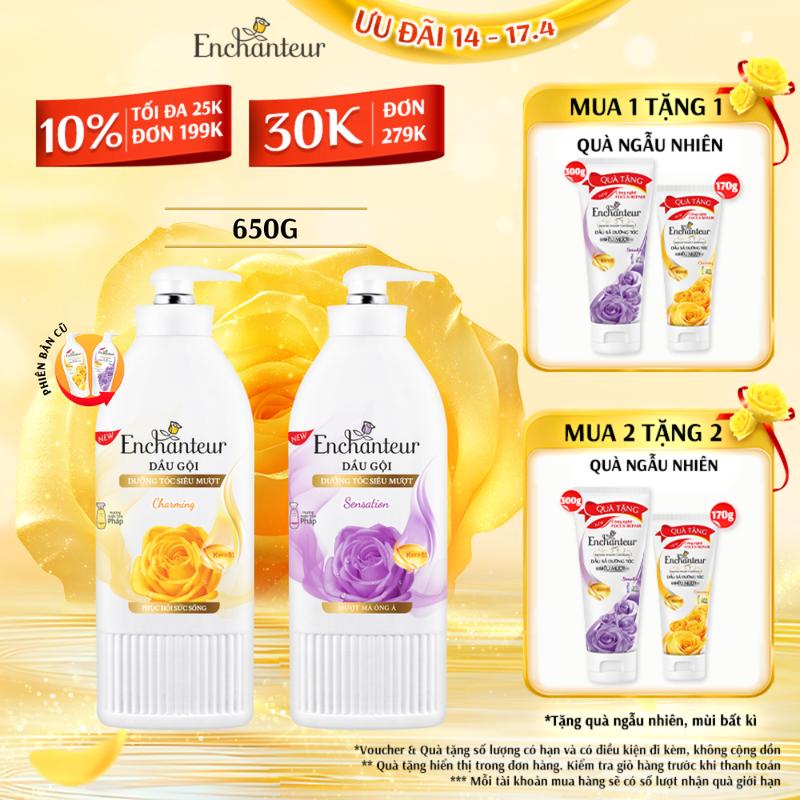 [TẶNG 1 DẦU XẢ 170G] Dầu gội dưỡng tóc siêu mượt women Enchanteur Charming/Sensation Keratin 650g/chai