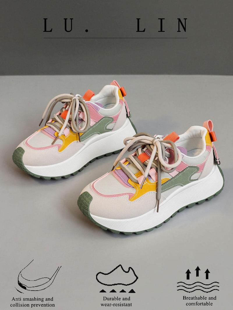 Product Introduction of Women's Fashionable Colorblock Lace Up Low Top Sneakers, Casual Comfortable Breathable Sports Running Shoes, All-match Non-slip Sneakers for Daily Wear 2
