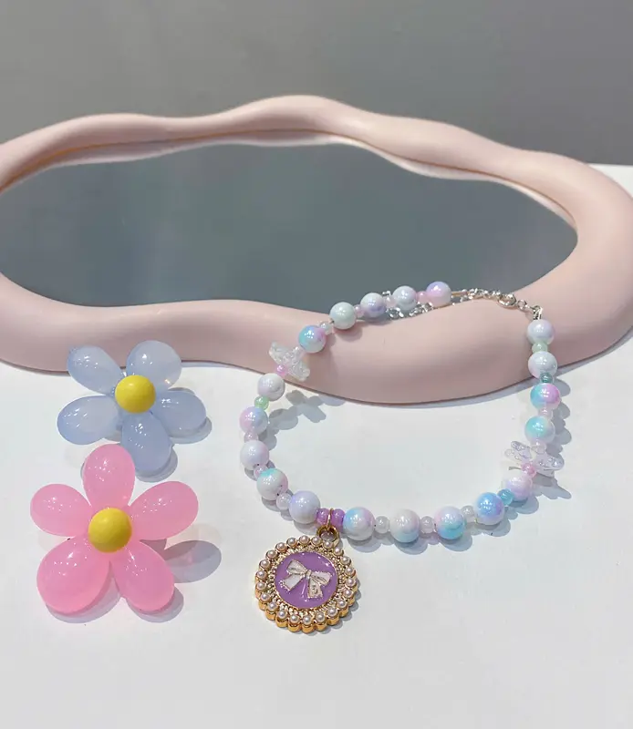 Dây Đeo Cổ Mèo, Chó Cưng Dễ Thương, Vòng Hạt Châu Ánh Tím Đa Sắc Mix Charm Ngộ Nghĩnh 2