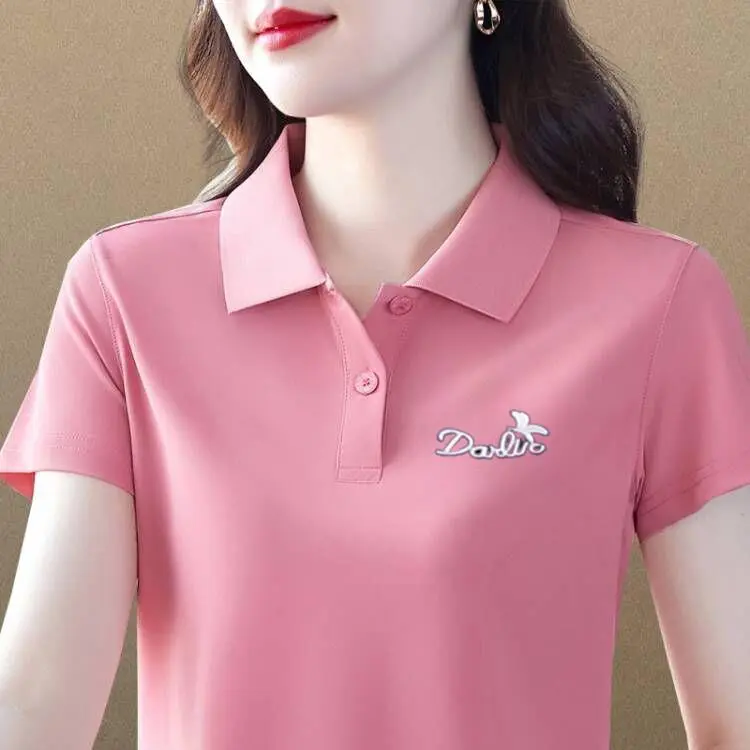 Áo Thun ngắn Tay Lụa Lạnh Cho Mẹ TRUNG NIÊN Mới, Dành Cho Nữ, Ngoại Cỡ, Phong Cách Thanh Lịch, Áo Polo Mùa Hè, Có Ve Áo Thể Thao, 2024