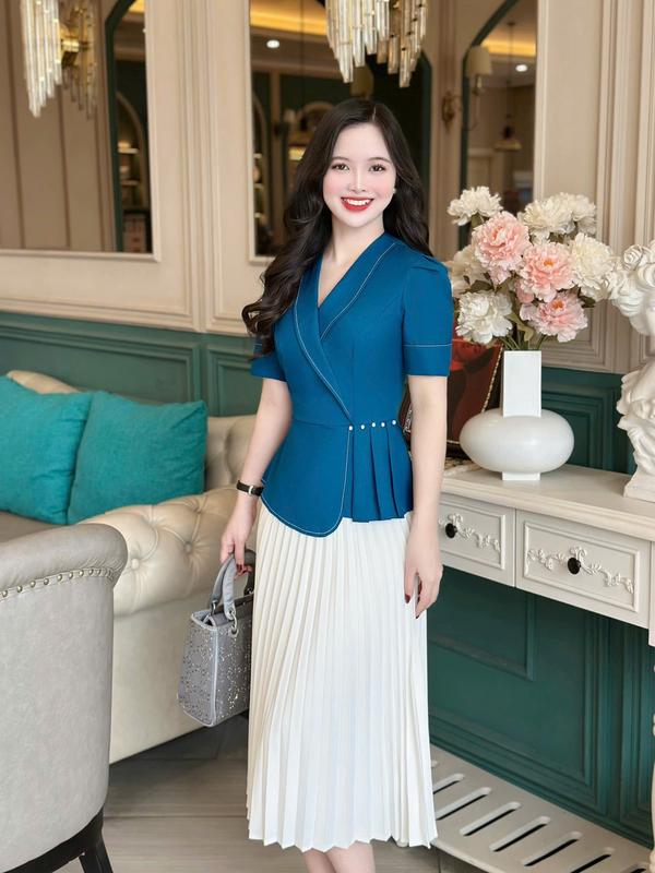 Áo peplum thiết kế Nhật Vy cổ vest tay ngắn chiết eo chất lụa công sở dự tiệc - D3210 6