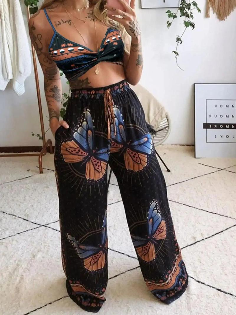 Product Introduction of Women's Butterfly Print Crop Cami Top & Tie Front High Waist Pants Set, Boho Spaghetti Strap Ruched Top & Wide Leg Pants, Ladies Summer Clothes 1