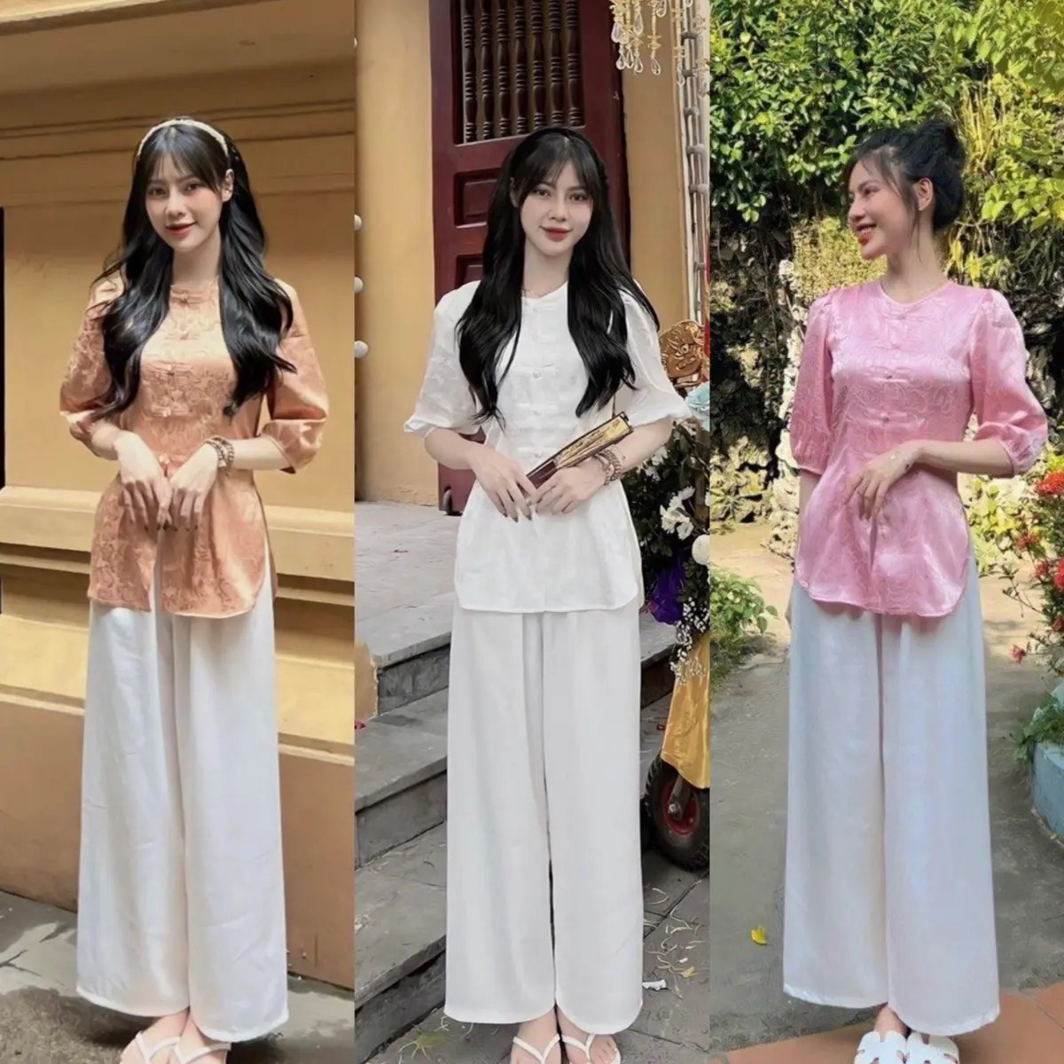 Đồ Lam Đi Chùa - Sét Áo Gấm Nút Bọc Tay Lửng - Quần Trơn Lụa Satin - Mã N3