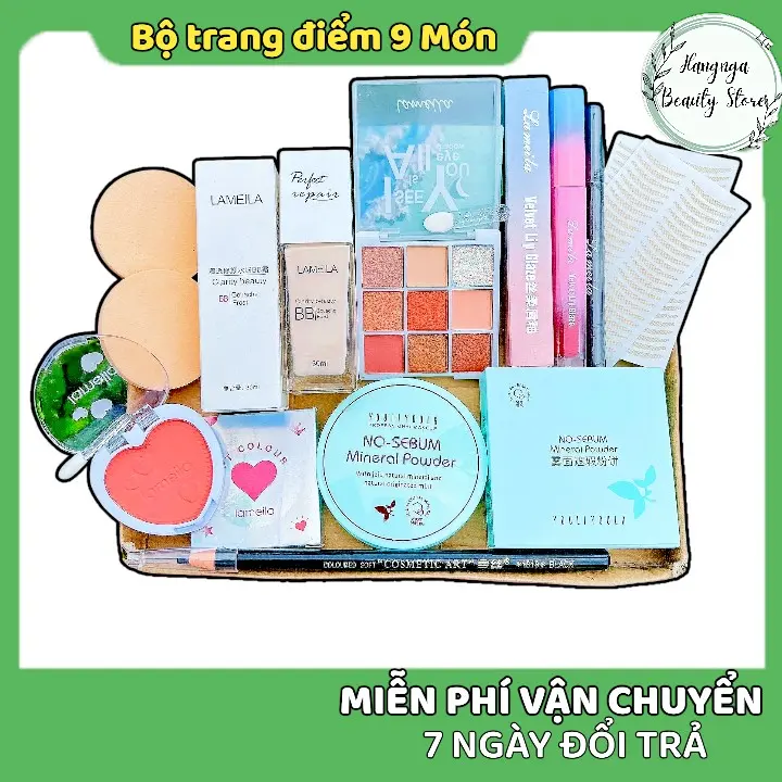 Combo Bộ Trang Điểm 9 món: Phấn mắt, kem nền, kẻ mắt, kẻ mày, phấn phủ, bông mút, dán kích mí, phấn má, son