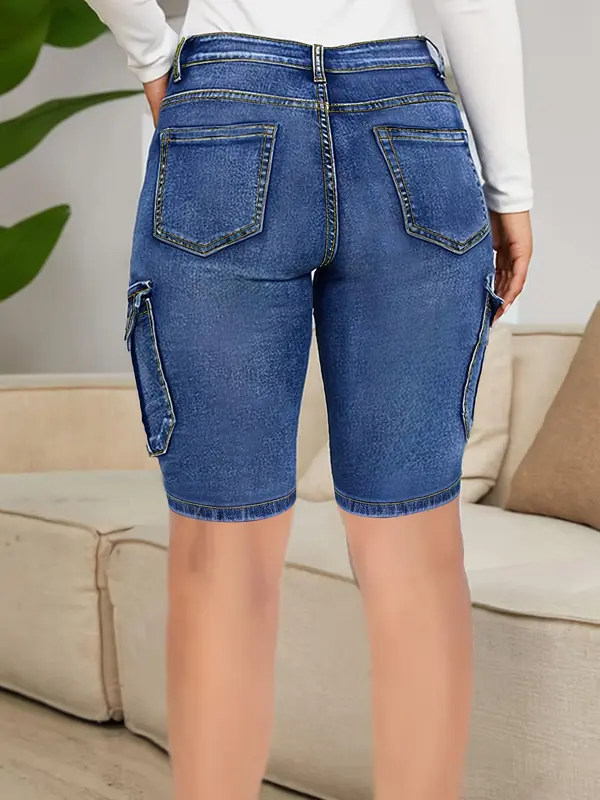 【Plus Size】  Pocket Button Fly Denim Shorts, Casual Street Comfy Skinny Shorts for Daily Wear, Women's Bottoms for Summer 1