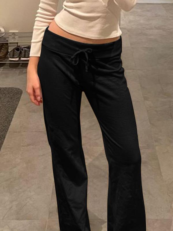Women's Solid Drawstring Waist Straight Leg Pants, Casual Drop Waist Trousers for Spring & Fall, Ladies Bottoms for Daily Wear 2