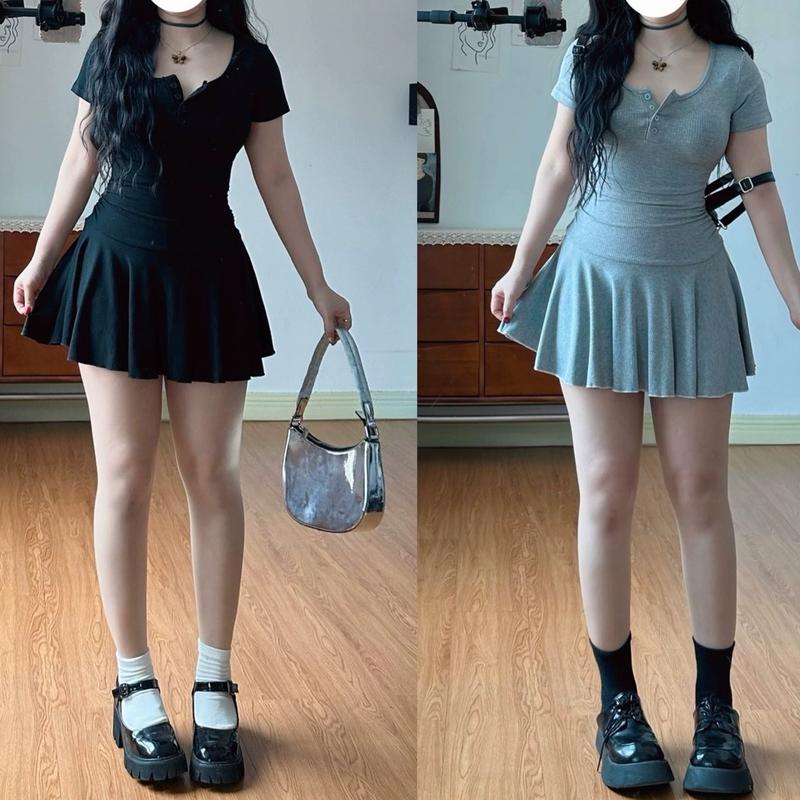 Đầm body cài nút phối tùng nhúng,Váy ngắn tay xếp ly eo cổ chữ U phong cách thanh lịch Nữ Women