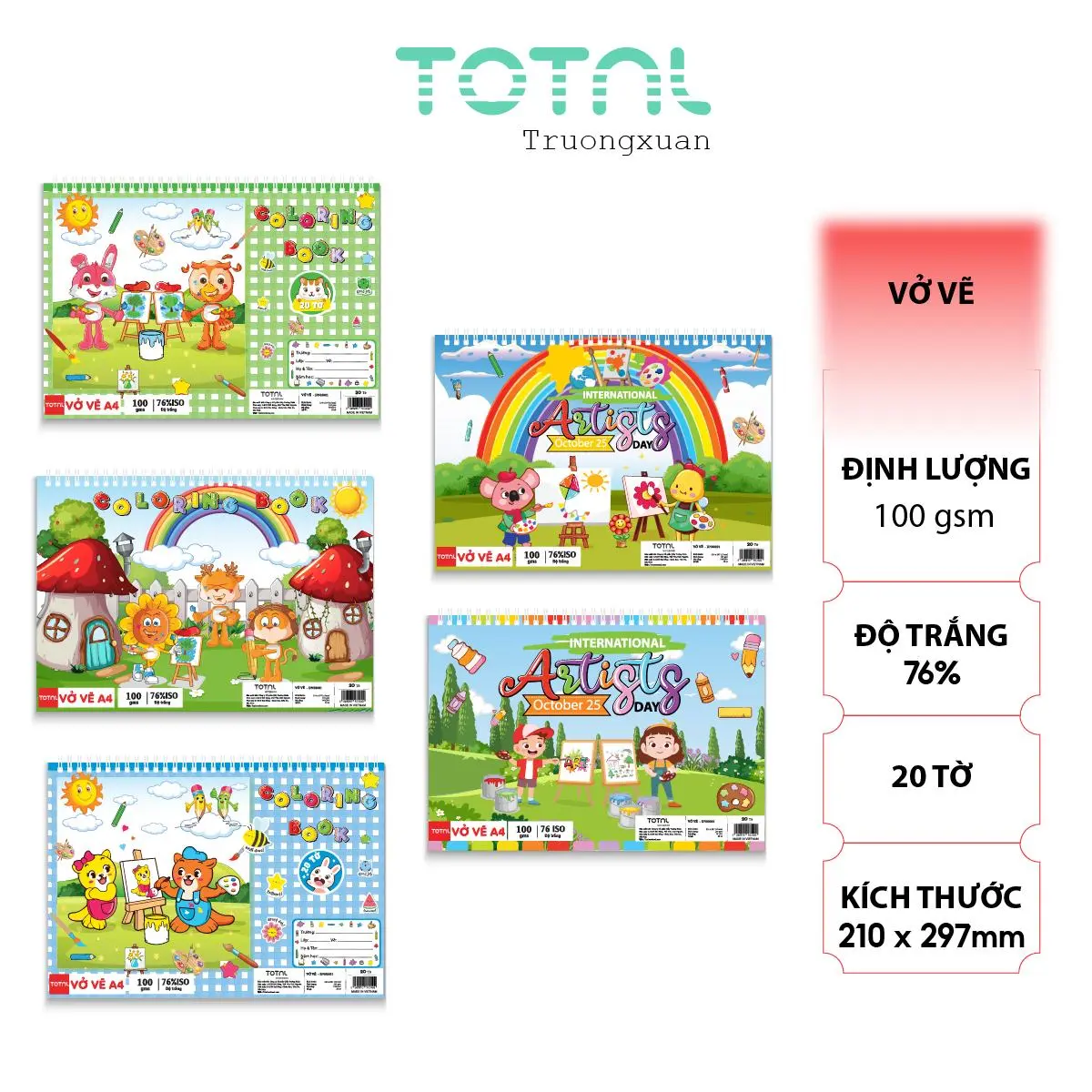 Vở vẽ Total A4 lò xo, giấy chống loá màu tự nhiên bám màu tốt.Mã:DN01