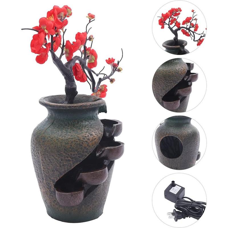 Product Introduction of New Resin Indoor FengShui Ornaments Water Fountain 15.7in Flower Vase Waterfall Fountain with Simulated Decorative Trees Indoor Waterfall Study Office Tea Room 22