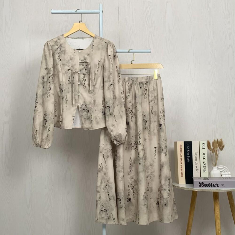 Asaya Setelan wanita bergaya retro Tiongkok, atasan lengan panjang dengan kancing buatan tangan dipadukan dengan rok model A-line yang stylish