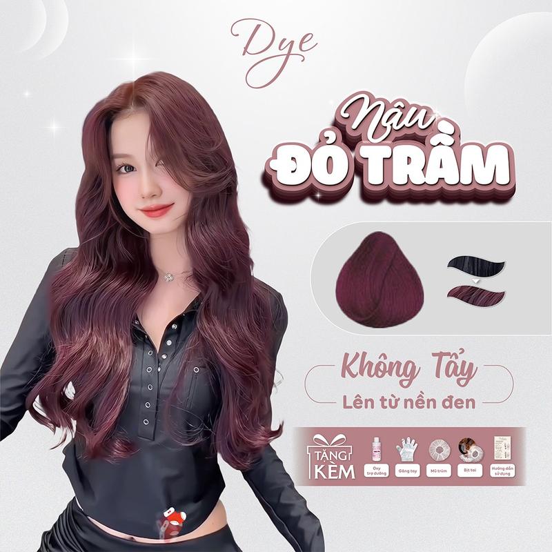 Thuốc nhuộm tóc màu Nâu Đỏ Trầm không tẩy ,Dyehair tặng kèm oxy trợ dưỡng và bao tay Bền màu Không chứa silicon Đổi Màu Tóc Nữ