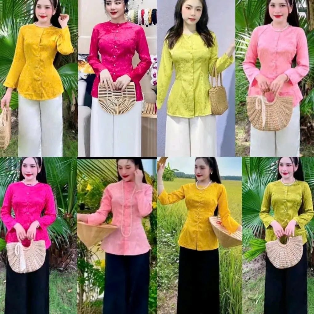 (ÁO LẺ- QUẦN LẺ)Bộ bà ba nữ duyên dáng, áo lụa gấm cao cấp, cổ tròn,tay dài, cài nút phía trước, quần lụa satin mềm mát, ống suông thanh lịch 40-65kg- ĐỒ LAM KAMI Women Top