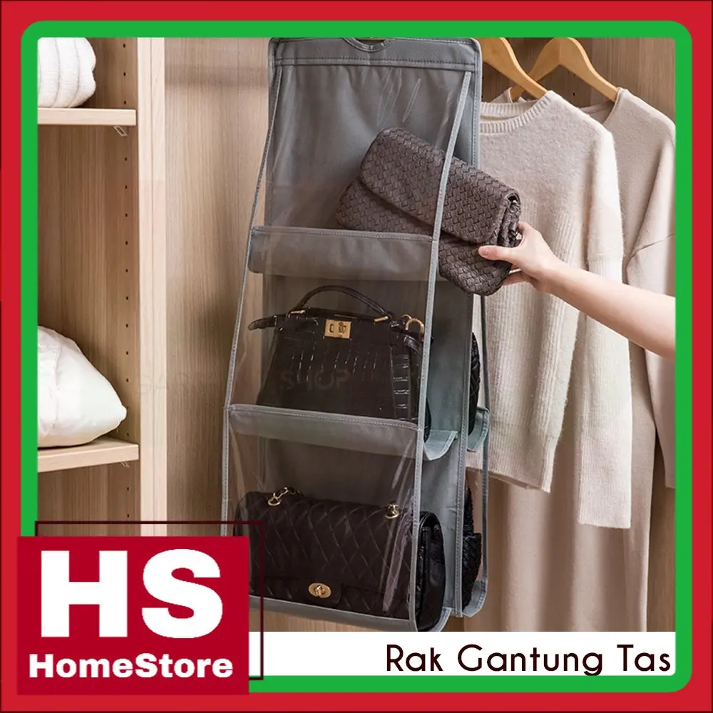 Rak Tas Gantung Jumbo Tempat Penyimpanan Sepatu Anti Debu 6 Sekat Organizer Bag Storage Serbaguna