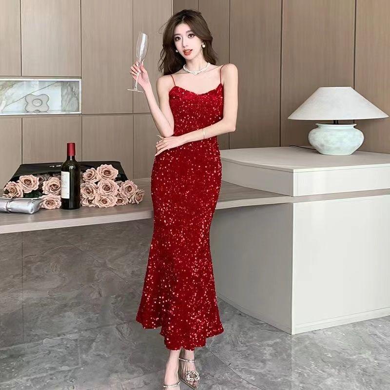 Ankola Red Sexy Spaghetti Strap Sequin Dress for Women 2025 Velvet High-end Formal Dress Mermaid Ankola Red Sexy Spaghetti Strap Sequin Dress for Women 2025 Velvet High-end Formal Dress Mermaid