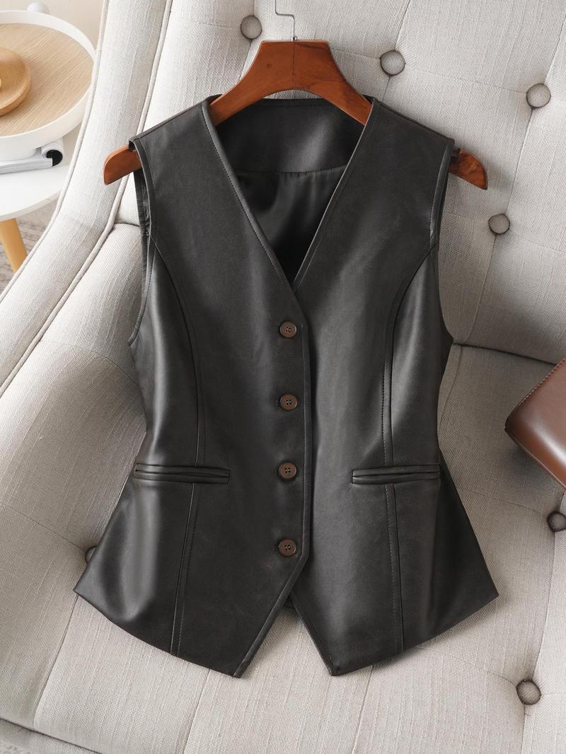 Product Introduction of Women's Solid Color Button Front Pu Leather Vest, Fashion Casual V Neck Outerwear for Work Office Business, Ladies Spring & Fall Clothes 5