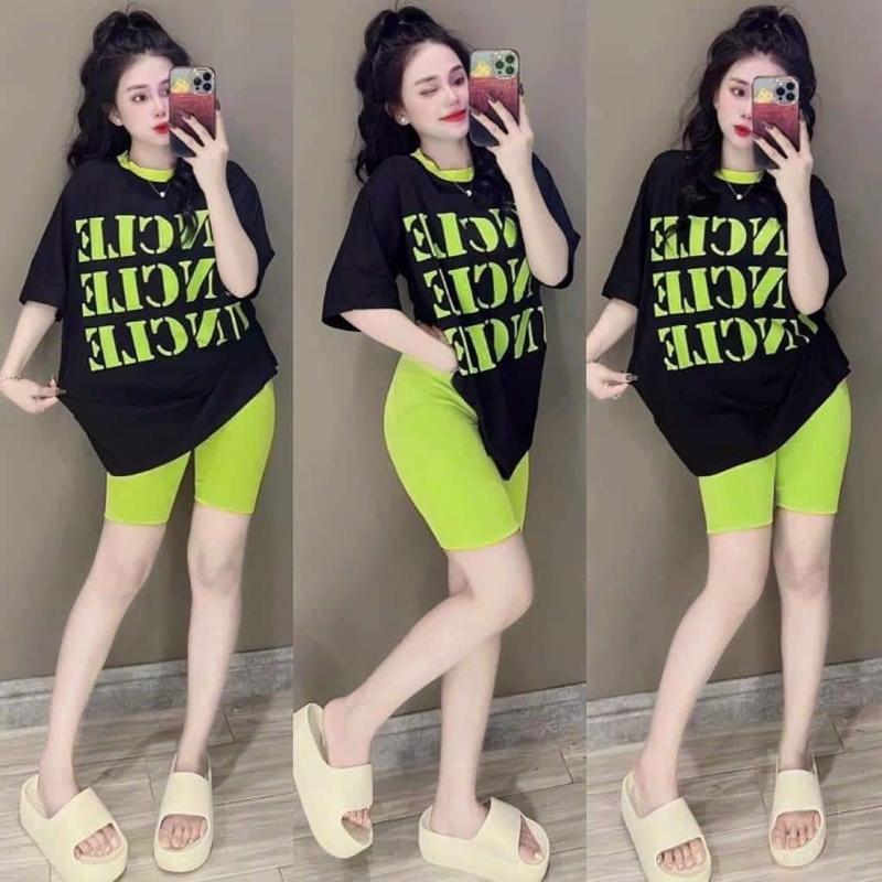 Đồ bộ lửng ngố thun gân kèm áo thun cotton form rộng Nữ Women Top Kem Quần Tim Voi 3