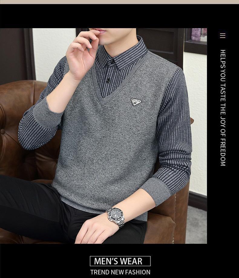 Product Introduction of 2024 Winter Fleece-lined Thickened Integral Velvet Sweater Men's False Two Pieces Knitted Sweater Youth Pu Handsome Men's Shirt Nam Slipper 18