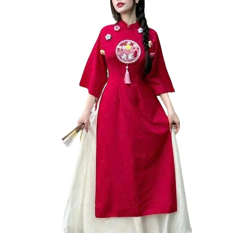  Váy Tết áo dài Cách tân đũi phối bông cực xinh Kèm chân váy tơ 2 lớp Nữ Women Dress Kem Nhung Đỏ 