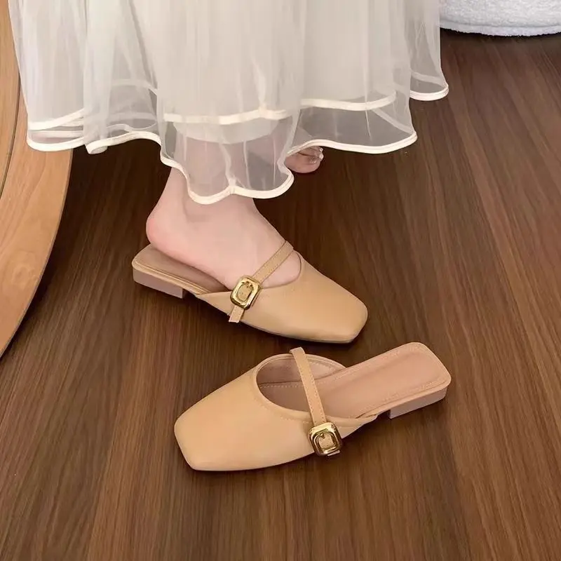 2025 Flat Toe Box Mary Jane Sandals 2025 New Sequined Low Heel Elegant Sandals with Skirt Half Slippers Women's Hot Sale