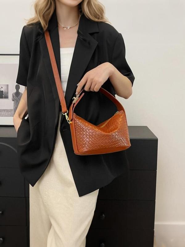 Women's Solid Color Textured Handbag, 2024 New Style Pu Leather Zipper Shoulder Bag for Daily Used, Casual Trendy Versatile High-quality Daily Commuting Bag 4