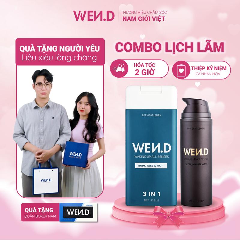 Bộ Quà tặng nam, người yêu, bạn trai, chồng - Combo Sữa tắm gội rửa mặt 3in1 & Dung dịch vệ sinh nam giới WEND kèm Thiệp in theo yêu cầu