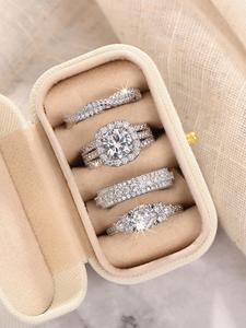 女性用エレガントラインストーン装飾婚約指輪セット、上品でトレンディなリングセット、婚約・記念日・結婚式・パーティーの装飾に最適なファッションジュエリー