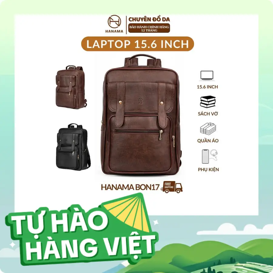 Balo Dabag Thời Trang Hanama Bon17 Đựng Laptop Đa Năng Bag Đeo Vai Nhiều Ngăn Nâu - Đen Khóa Mạ Đồng