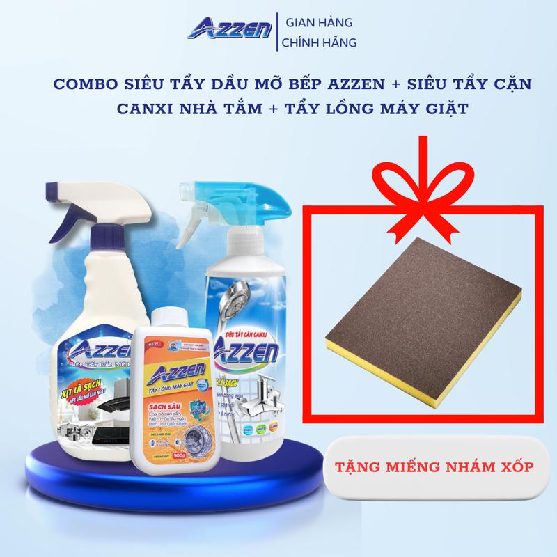 Combo tẩy dầu mỡ bếp + tẩy cặn canxi nhà tắm + tẩy lồng máy giặt Azzen. Bộ vệ sinh don dẹp nhà cửa nhàn, tiện, nhanh. Tặng kèm cọ 3 S Kem Làm Sạch, bộ 3 dọn nhà giúp chị em thật nhàn khi đã có trợ thủ dắc lực