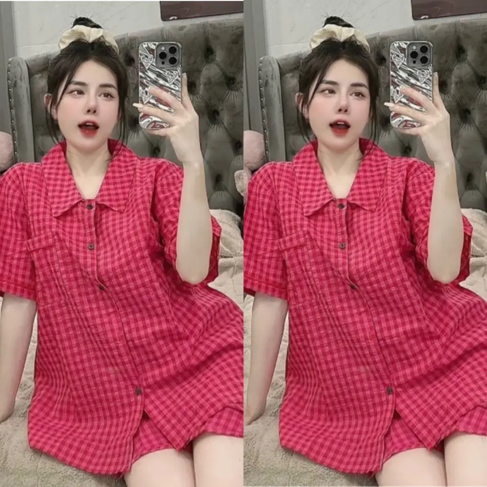 Set Bộ Ngủ Pijama Kẻ Caro Cổ Nhọn