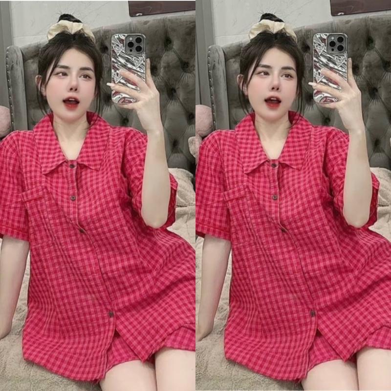 Set Bộ Ngủ Pijama Kẻ Caro Cổ Nhọn 0