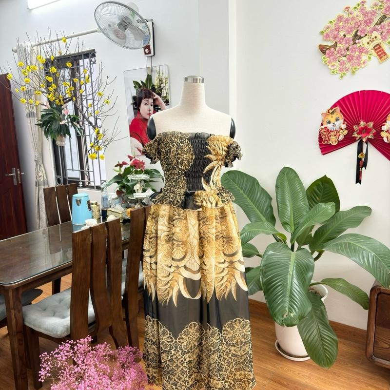 Váy maxi dáng dài, maxi trễ vai tơ xốp bèo bụng 2 lớp chân váy dài 90 cm. Maxi đi biển đẹp. 9