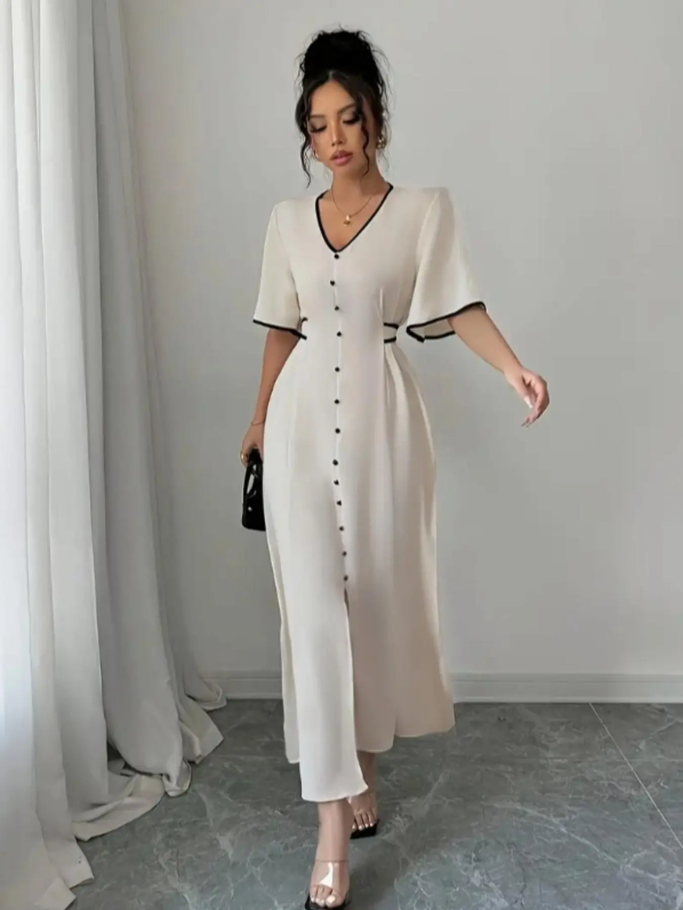 Women's Contrast Binding V Neck   Dress, Elegant Fashion Casual Dress for Daily Outdoor Wear, Women Dress for Summer