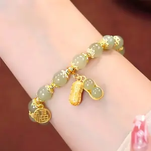 COD Gelang retro gaya Cina, gelang giok keberuntungan, gelang berkat kacang merah, perhiasan wanita, aksesoris gelang