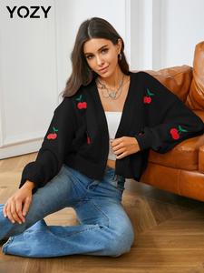 YOZY Women's Cherry Print Bishop Sleeve Crop Cardigan Without Camisole, Girly Outfits, Casual Cute Drop Shoulder Open Front Outerwear For Spring & Fall, Women's Knitwear For Daily Wear