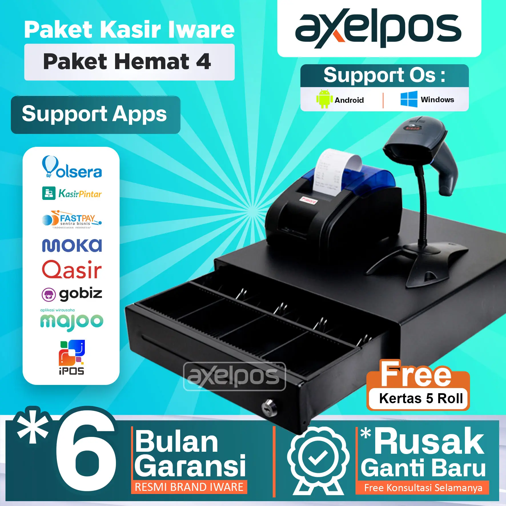 Paket Alat Mesin Kasir Android Printer Bluetooth Cash Drawer Barcode Scanner 1D
