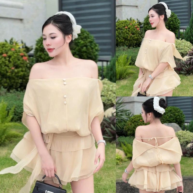 Set váy trễ vai nữ 2 lớp cuốn hoa - V77 2