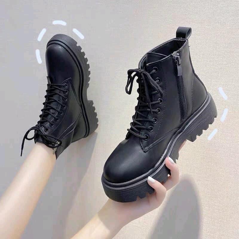  Giày Bốt Nữ cao cổ da đen sang chảnh Khoá Kéo Siêu Đẹp Shoes Boot 